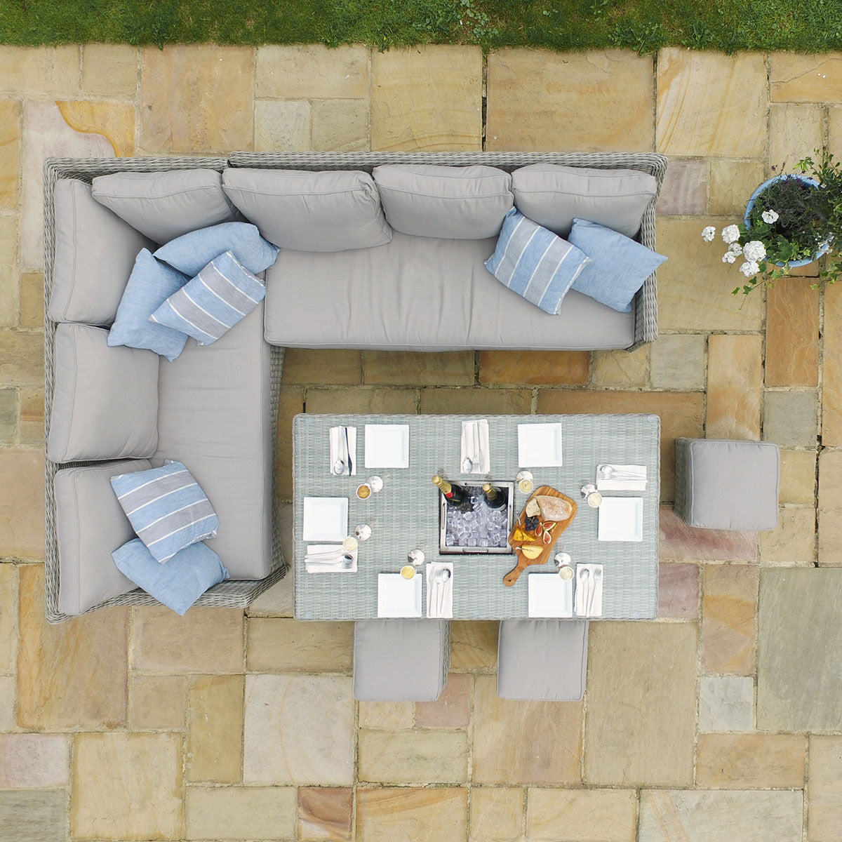 Maze Oxford Grey Rattan Outdoor Corner Sofa Dining Set with Ice Bucket & Rising Table | 6-8 Seater